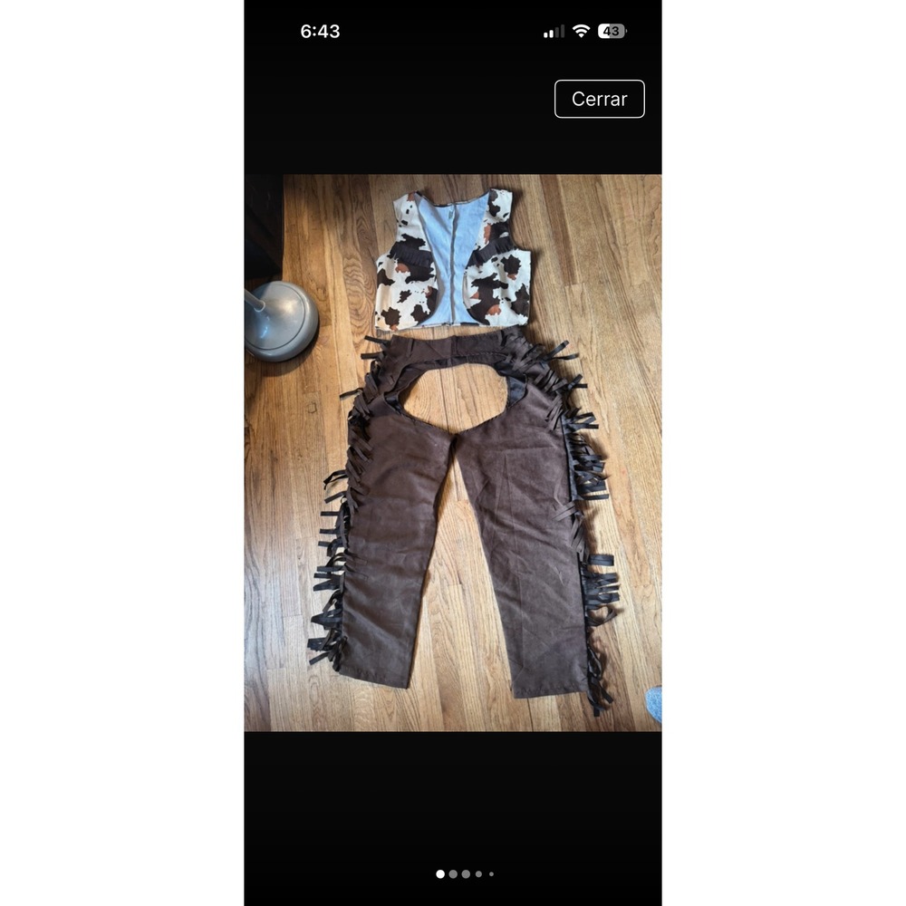 Womens Cowgirl Costume Set Cow Print Vest and Fringed Chaps Brown White Medium